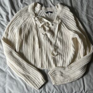 Kendall & Kylie Cream V-Neck Lace-Up Sweater